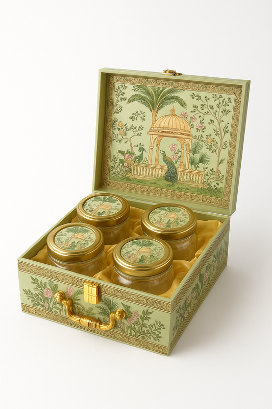 4 JAR BOX PEACOCK PATTERN GREEN