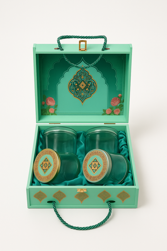 4 JAR CARVING DESIGN ROPE BOX GREEN