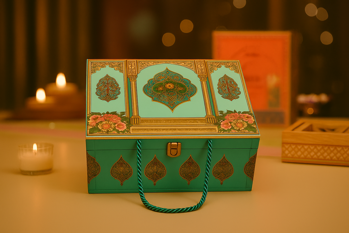 4 JAR CARVING DESIGN ROPE BOX GREEN