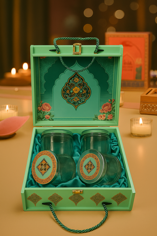 4 JAR CARVING DESIGN ROPE BOX GREEN