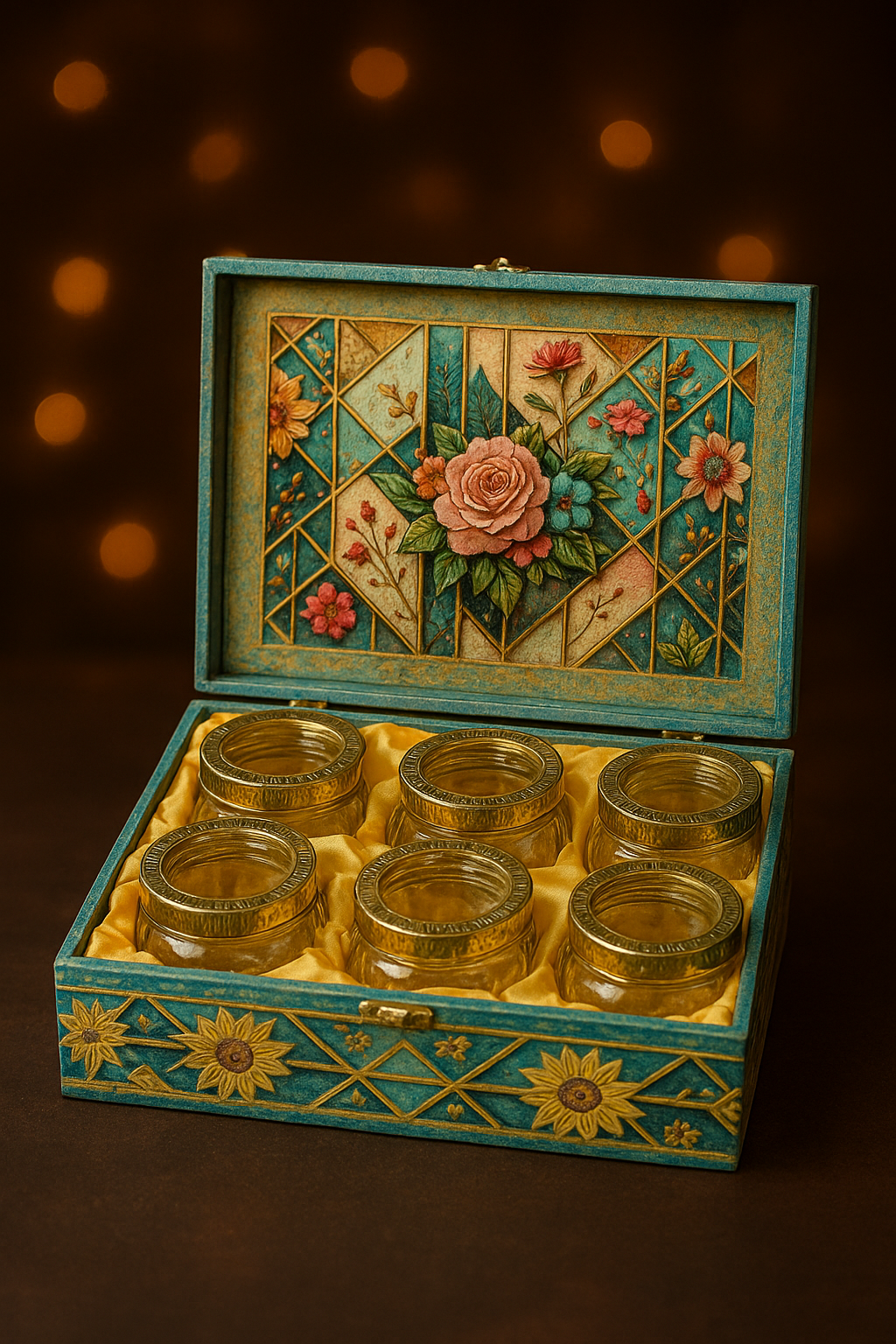 6 JAR FLORAL PATTERN FANCY JAR BOX BLUE