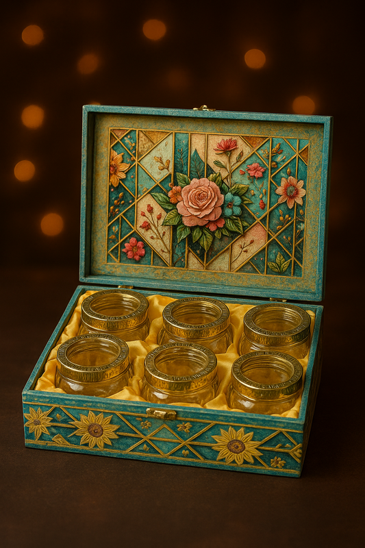6 JAR FLORAL PATTERN FANCY JAR BOX BLUE
