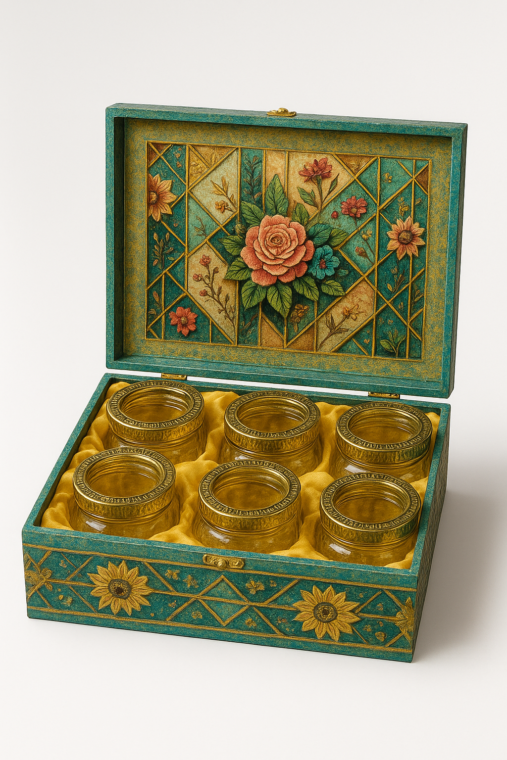 6 JAR FLORAL PATTERN FANCY JAR BOX BLUE