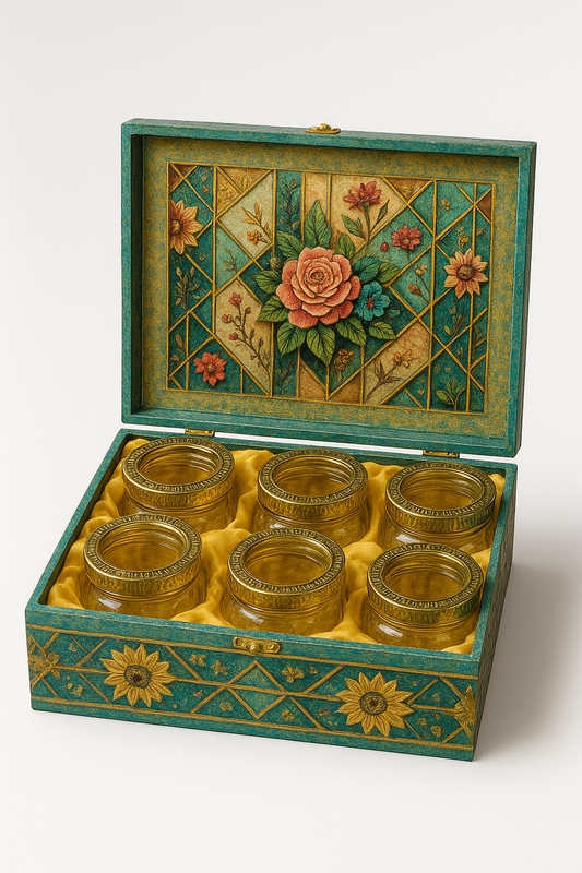 6 JAR FLORAL PATTERN FANCY JAR BOX BLUE